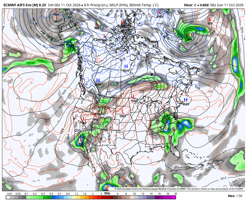 ECMWF AIFS ENS pressure, precipitation and T850 · First · Oct 10, 11:00 PM PDT