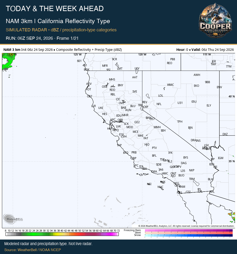 NAM 3km | California Reflectivity Type, RUN: 06Z SEP 24, 2026