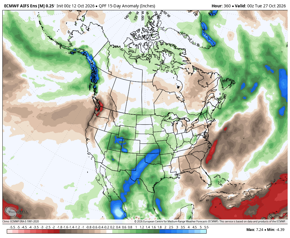 ECMWF AIFS ENS 15-day liquid precipitation anomaly in inches; initialized October 12 00Z and valid October 27 00Z