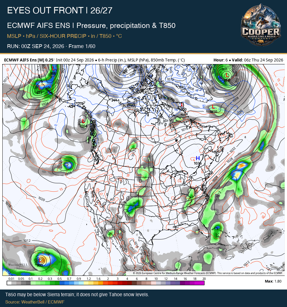 ECMWF AIFS ENS | Pressure, precipitation & T850, RUN: 00Z SEP 24, 2026