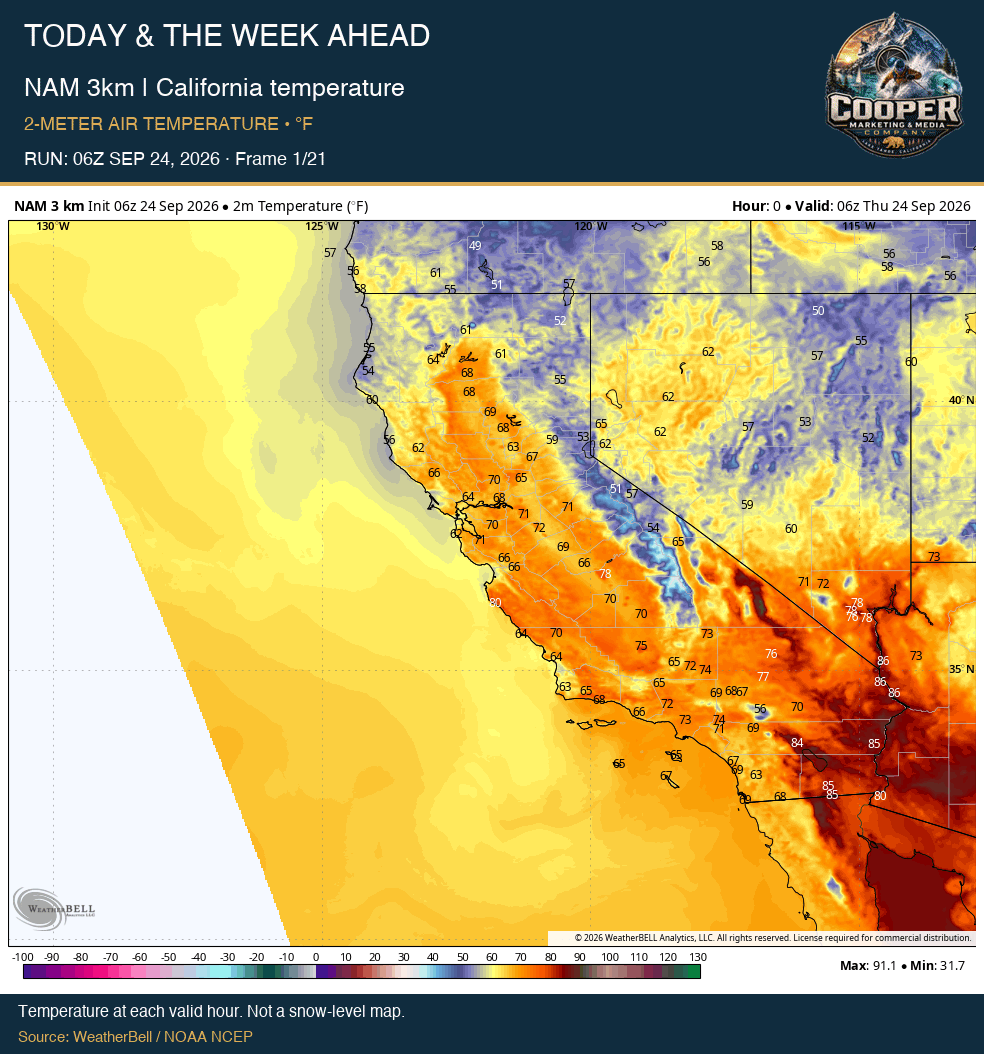 NAM 3km | California temperature, RUN: 06Z SEP 24, 2026