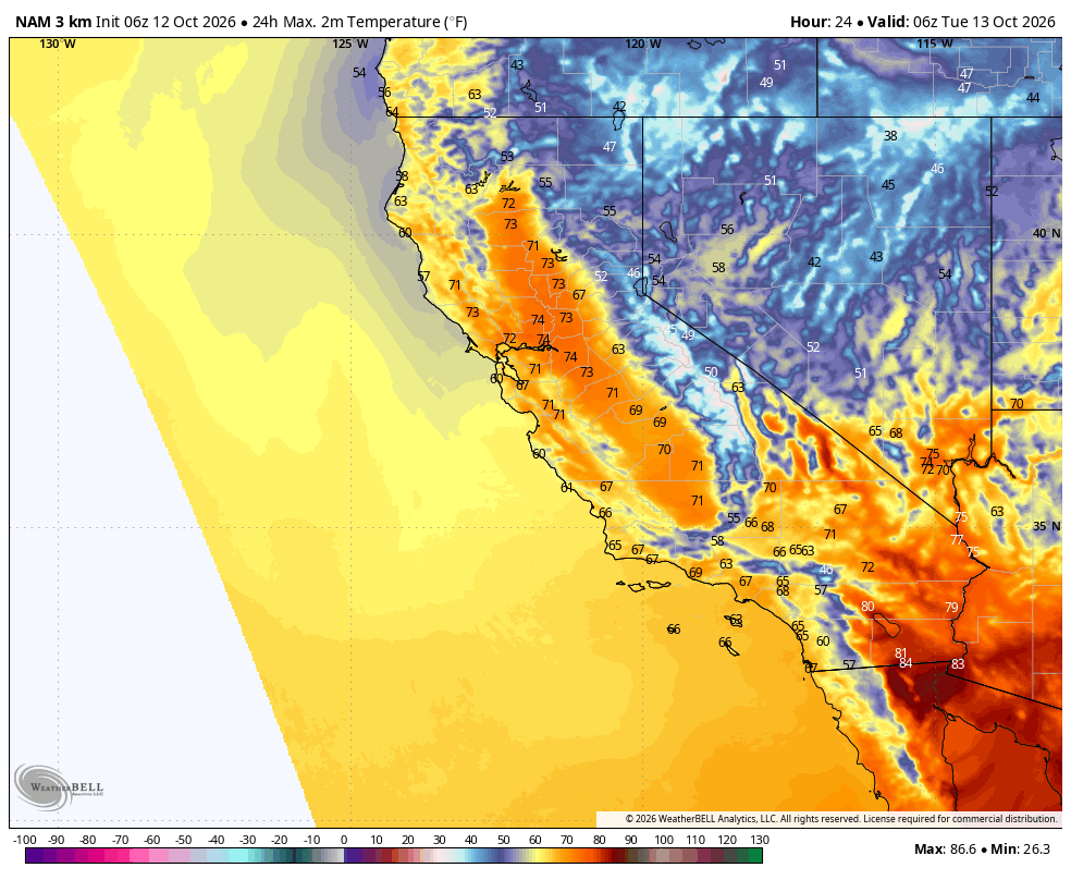 NAM 3km California · 2m temperature · 24-hour maximum · Rolling 24-hour maximum · °F · initialized Oct 11 · 11:00 PM PDT