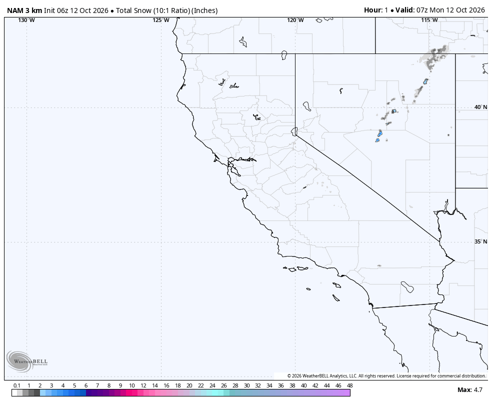 NAM 3km total snow · Initialized Oct 11, 11:00 PM PDT. Valid Oct 12, 12:00 AM PDT through Oct 14, 11:00 AM PDT.