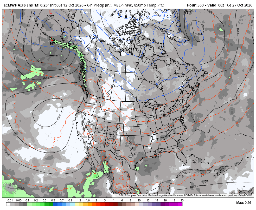 ECMWF AIFS ENS pressure, precipitation and T850 · Last · Oct 26, 5:00 PM PDT