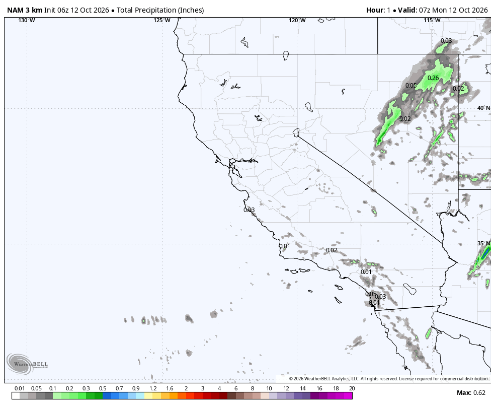 NAM 3km California · Precipitation total · Liquid precipitation · inches · initialized Oct 11 · 11:00 PM PDT