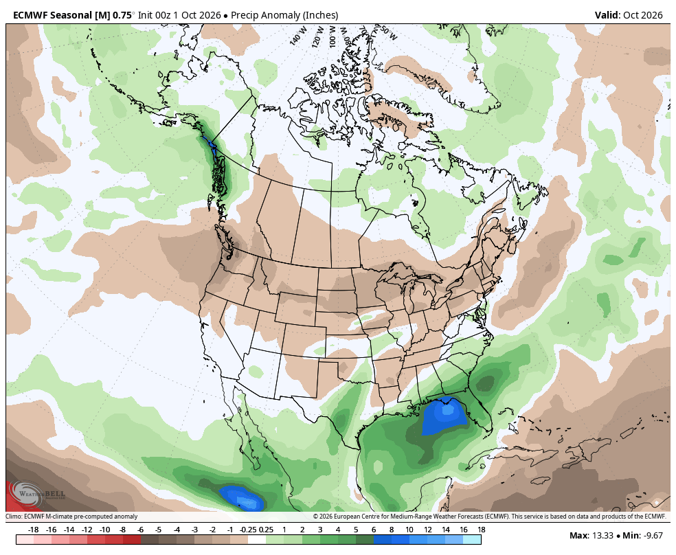 ECMWF Seasonal monthly precipitation anomaly · October 1, 2026 monthly issue. Monthly valid periods October 2026 through April 2027; not a daily reissue.