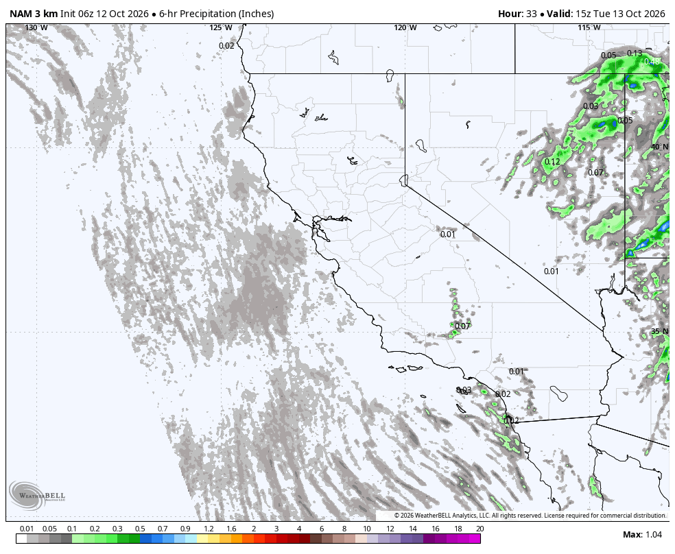 NAM 3km six-hour precipitation · Middle · Oct 13, 8:00 AM PDT