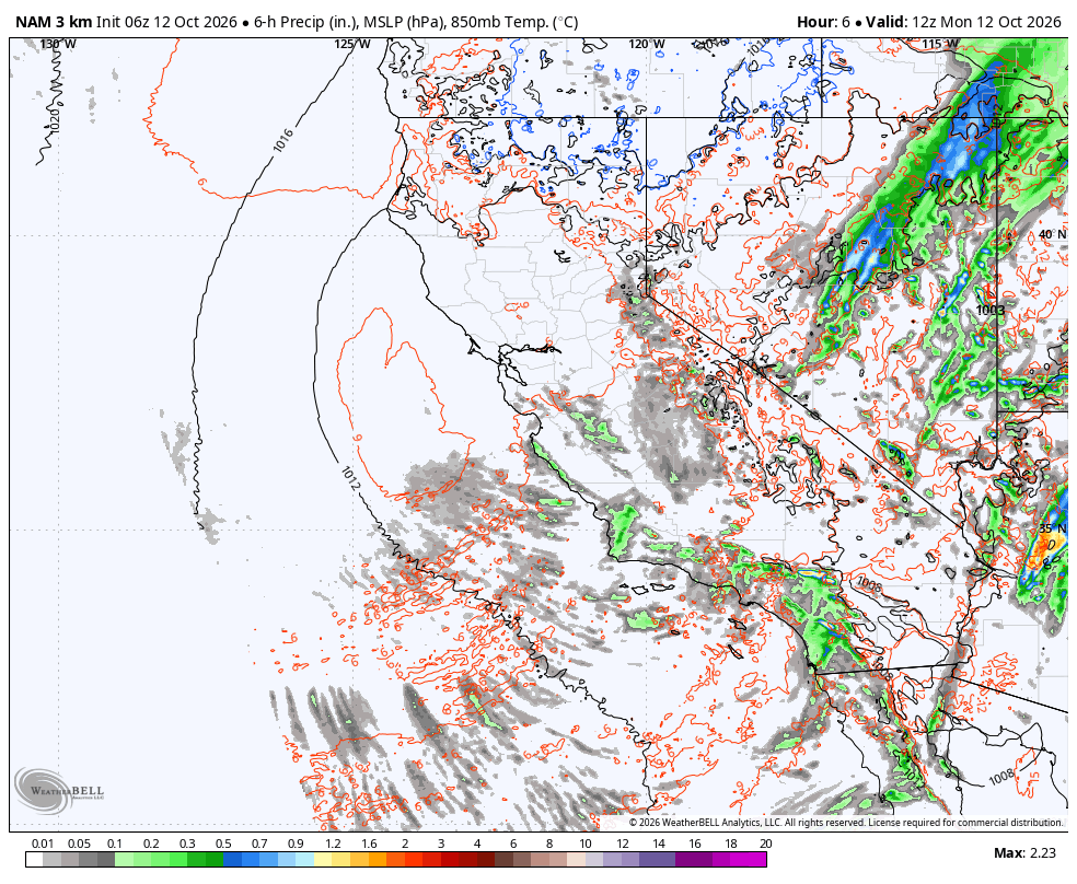 NAM 3km California · MSLP · 6-hour precipitation · T850 · Precipitation in inches · pressure hPa · temperature °C · initialized Oct 11 · 11:00 PM PDT