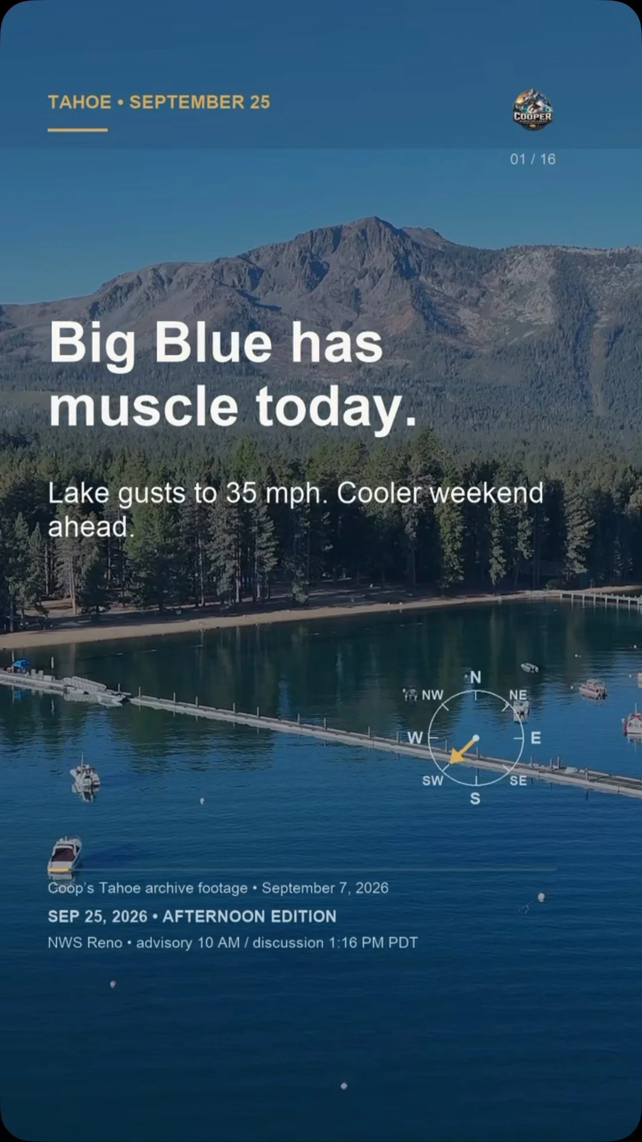 Camp Richardson waterfront and mountain with the September 25 archived afternoon weather headline.