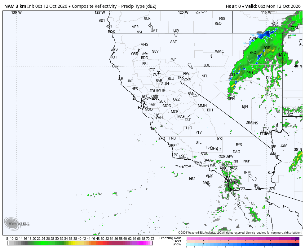 NAM 3km California · Reflectivity Type · Reflectivity dBZ · precipitation type · initialized Oct 11 · 11:00 PM PDT