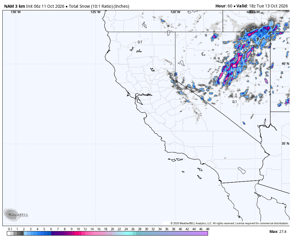 NAM 3km total snow · Last · Oct 13, 11:00 AM PDT