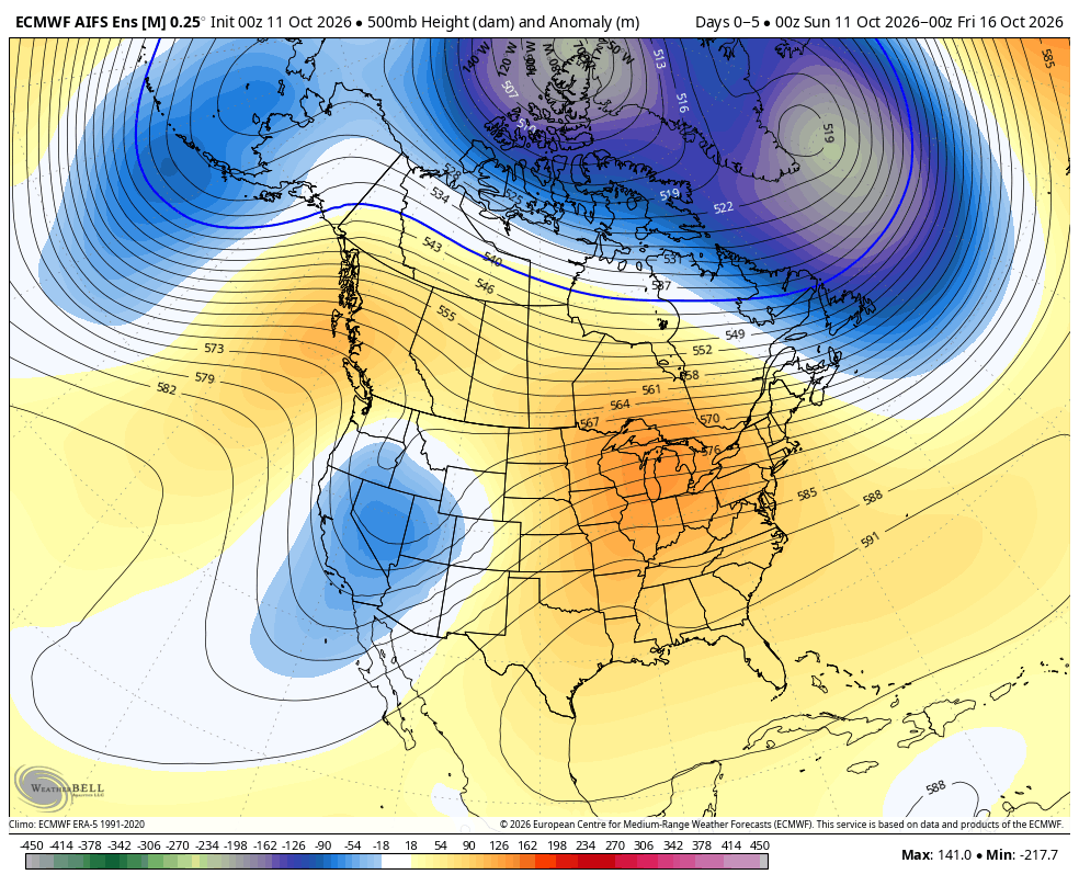 ECMWF AIFS ENS five-day height anomaly · First · Oct 15, 5:00 PM PDT