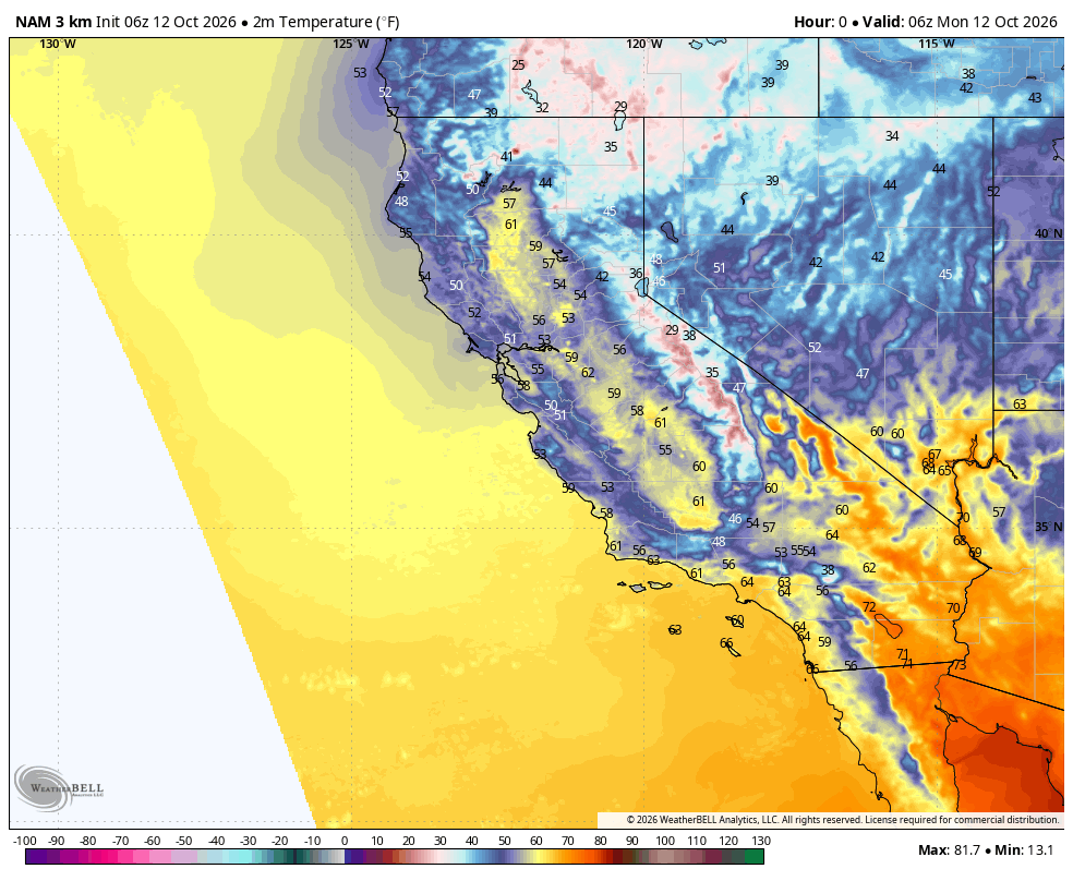 NAM 3km California temperature · Initialized Oct 11, 11:00 PM PDT. Valid Oct 11, 11:00 PM PDT through Oct 14, 11:00 AM PDT.