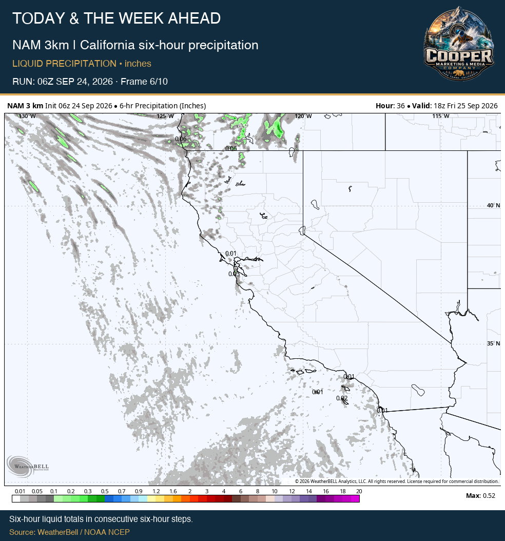 NAM 3km | California six-hour precipitation, middle frame
