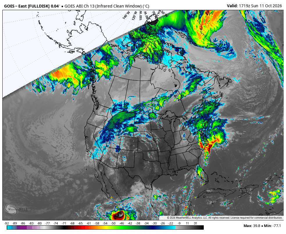 GOES-East [FULLDISK] 0.04° · North America · Observed Oct 11, 10:19 AM PDT through Oct 12, 2:59 AM PDT.