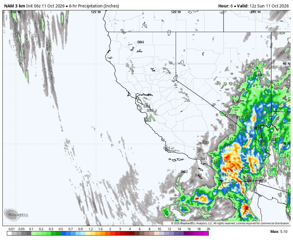 NAM 3km six-hour precipitation · Initialized Oct 10, 11:00 PM PDT. Valid Oct 11, 5:00 AM PDT through Oct 13, 11:00 AM PDT.