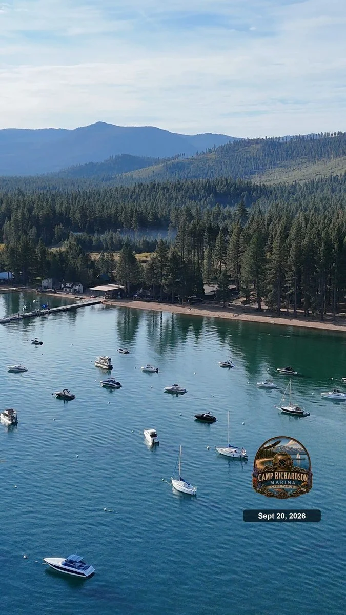 Aerial view of moored boats beside Lake Tahoe’s forested shoreline.