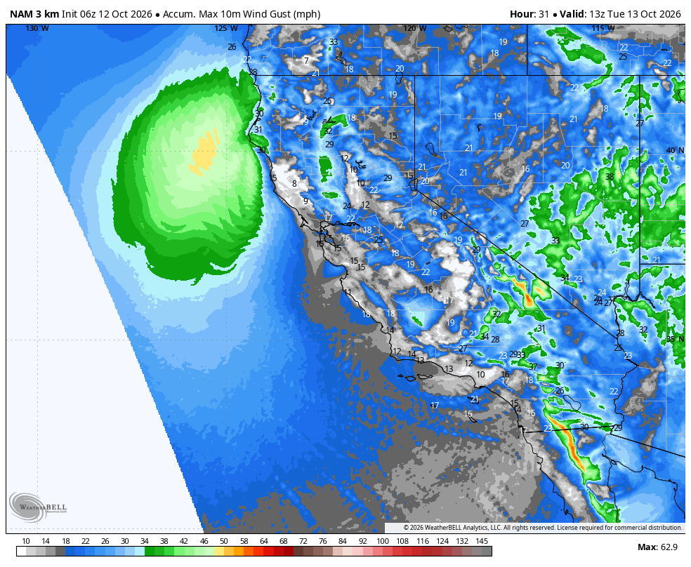 10m wind gust swath · Middle source frame, valid Oct 13 · 6:00 AM PDT