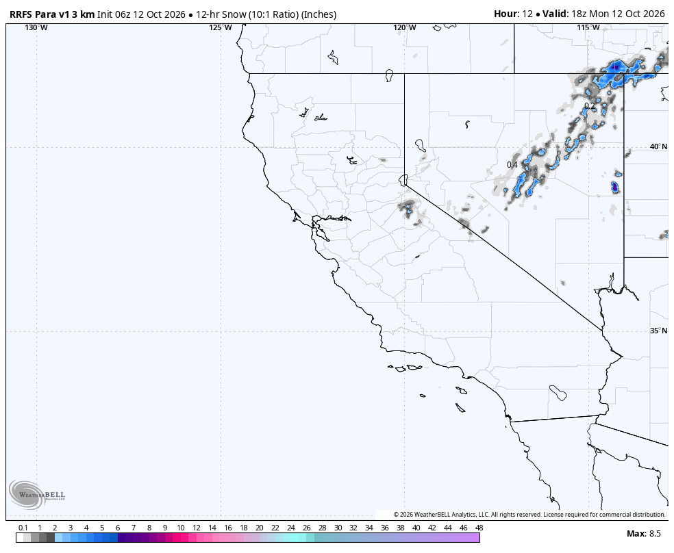 RRFS Para v1 3km 12-hour snow · First · Oct 12, 11:00 AM PDT