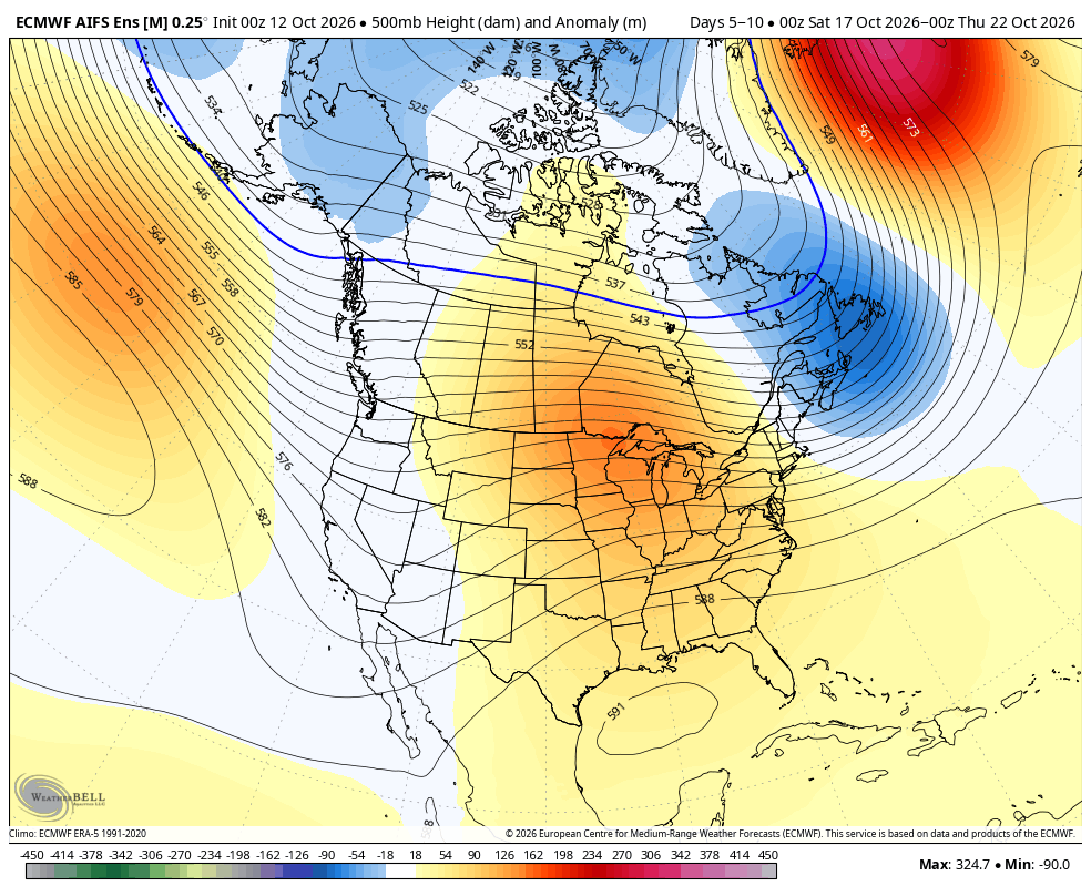 ECMWF AIFS ENS five-day height anomaly · Middle · Oct 21, 5:00 PM PDT