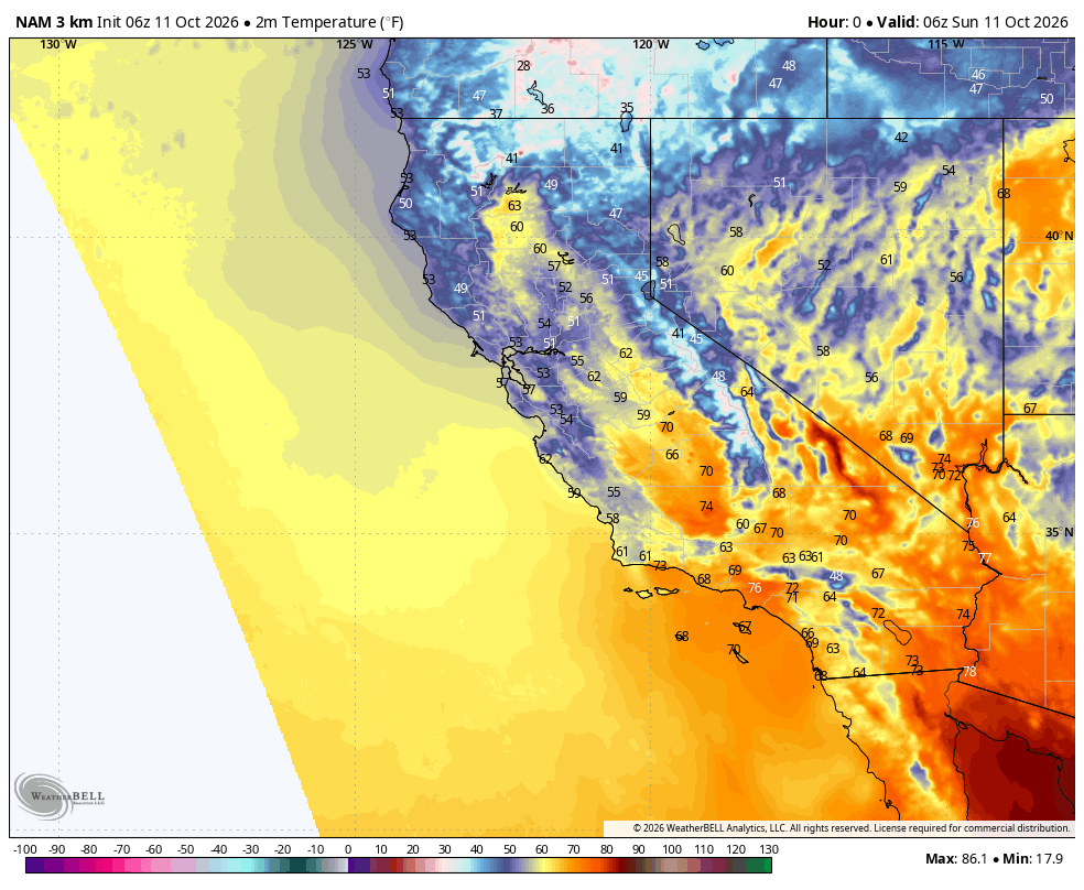 NAM 3km California temperature · Initialized Oct 10, 11:00 PM PDT. Valid Oct 10, 11:00 PM PDT through Oct 13, 11:00 AM PDT.