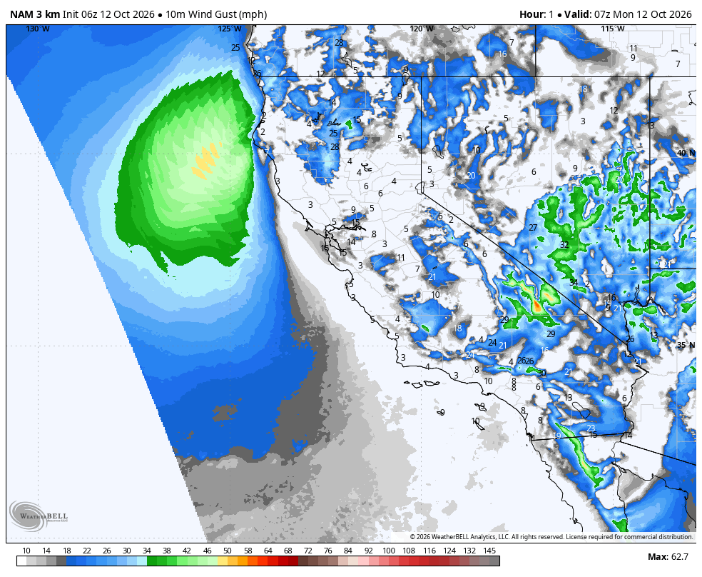 NAM 3km California · 10m wind gust · Gust speed · mph · initialized Oct 11 · 11:00 PM PDT