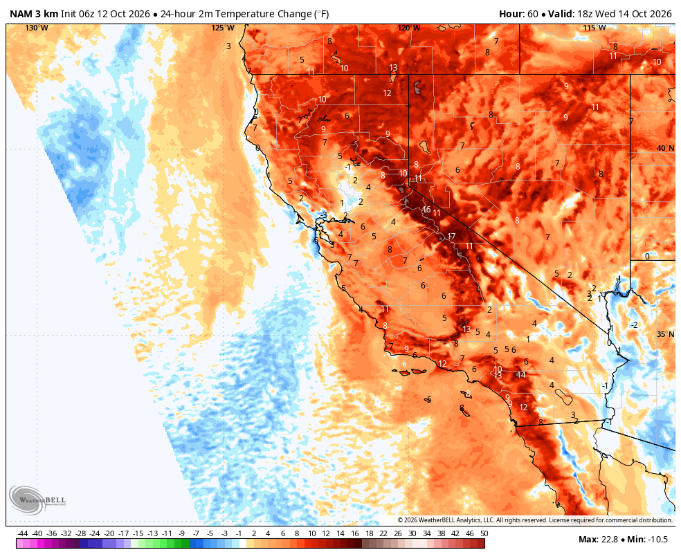 2m temperature · 24-hour change · Last source frame, valid Oct 14 · 11:00 AM PDT