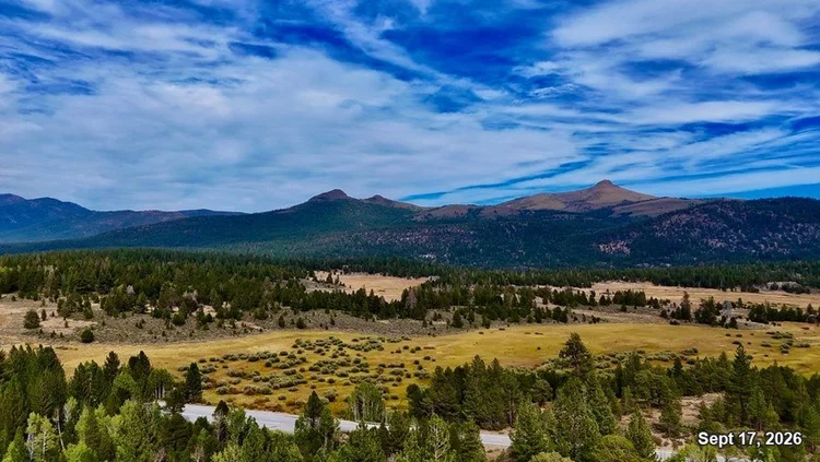 A golden Sierra meadow, pine forest and rocky peaks under streaked clouds, with Highway 88 in the foreground. Date: Sept 17, 2026.