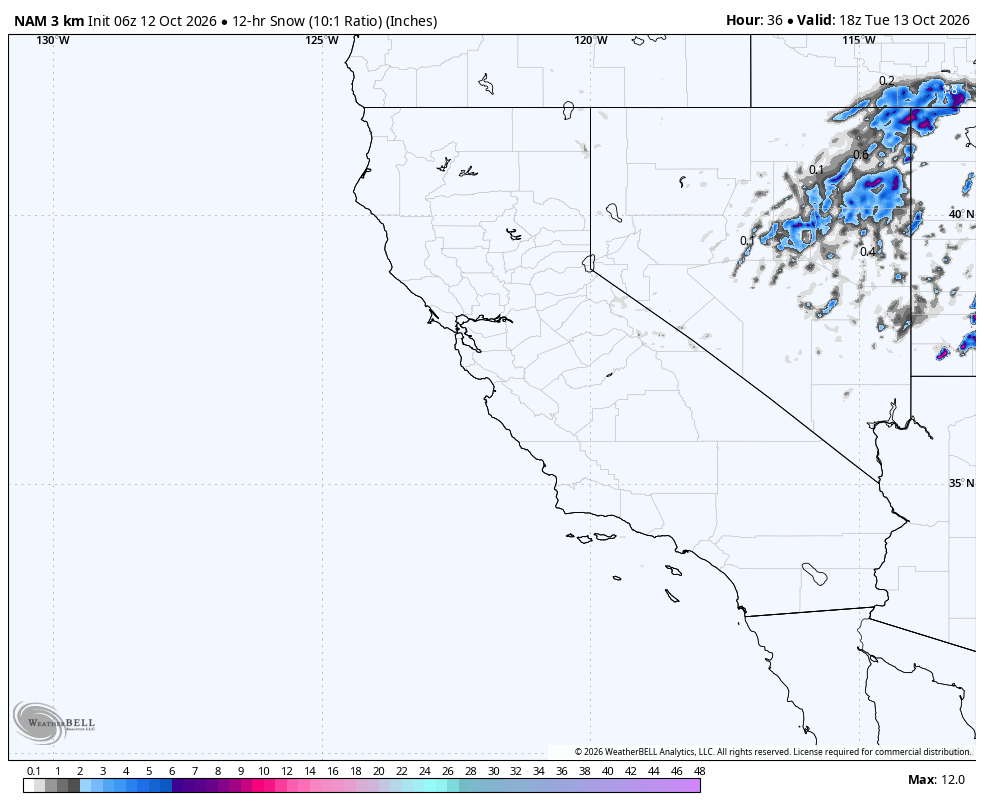 NAM 3km 12-hour snow · Middle · Oct 13, 11:00 AM PDT