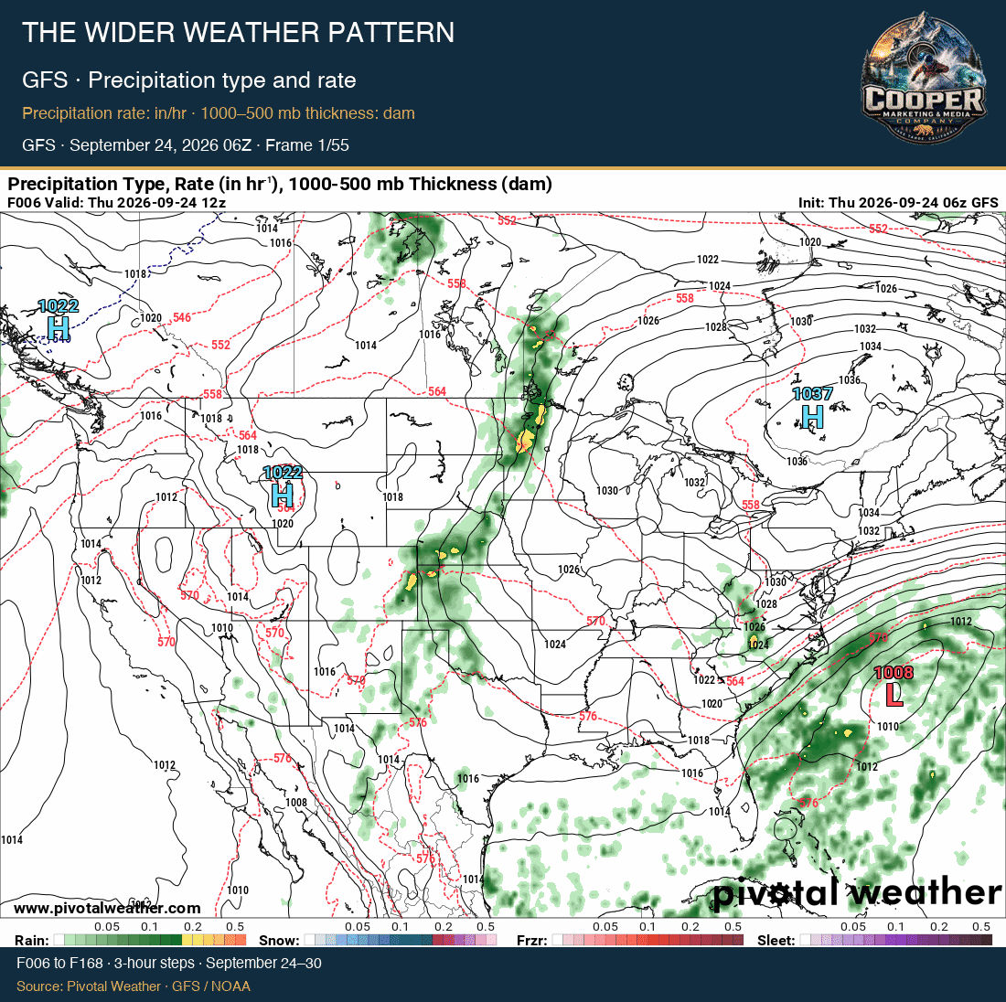 GFS · Precipitation type and rate, GFS · September 24, 2026 06Z
