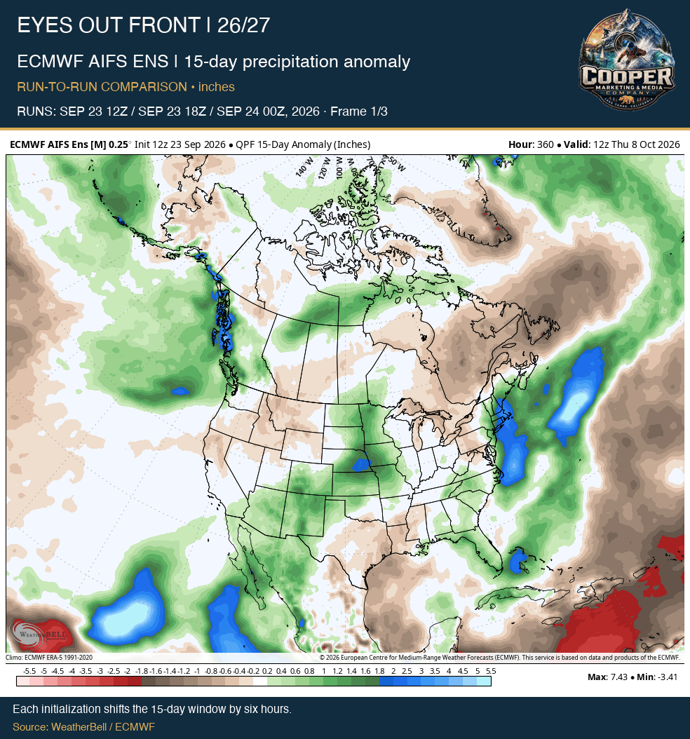 ECMWF AIFS ENS | 15-day precipitation anomaly, RUNS: SEP 23 12Z / SEP 23 18Z / SEP 24 00Z, 2026