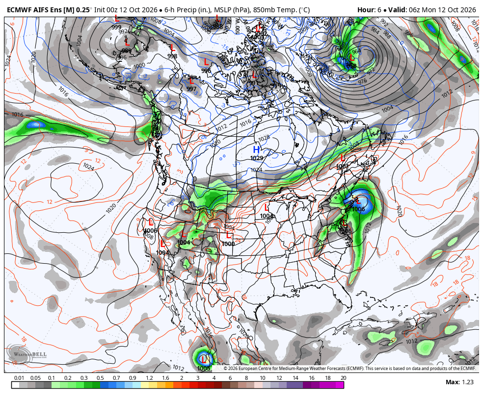 ECMWF AIFS ENS pressure, precipitation and T850 · Initialized Oct 11, 5:00 PM PDT. Valid Oct 11, 11:00 PM PDT through Oct 26, 5:00 PM PDT.