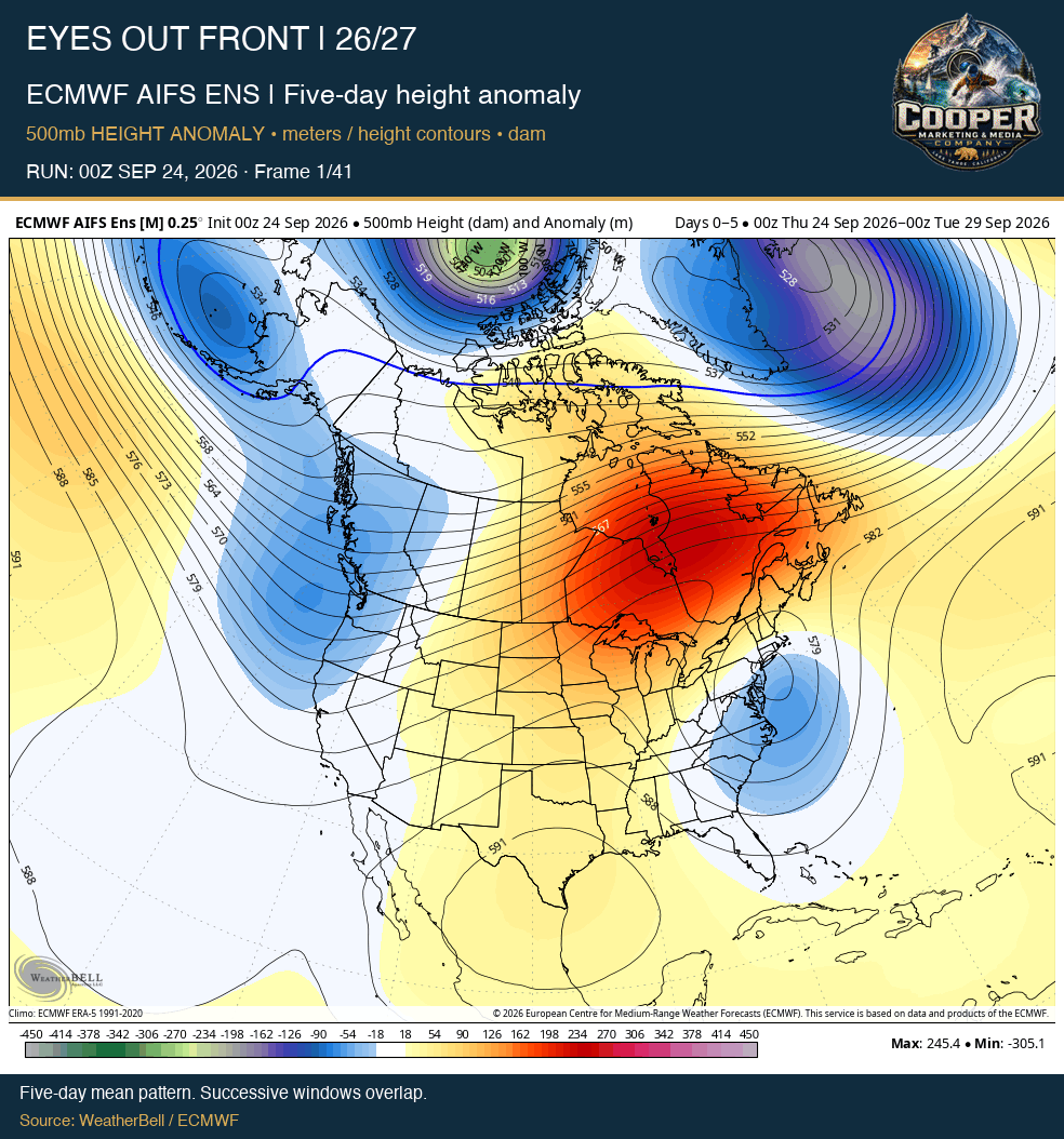 ECMWF AIFS ENS | Five-day height anomaly, RUN: 00Z SEP 24, 2026