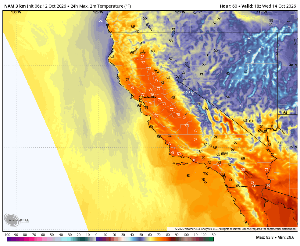 2m temperature · 24-hour maximum · Last source frame, valid Oct 14 · 11:00 AM PDT