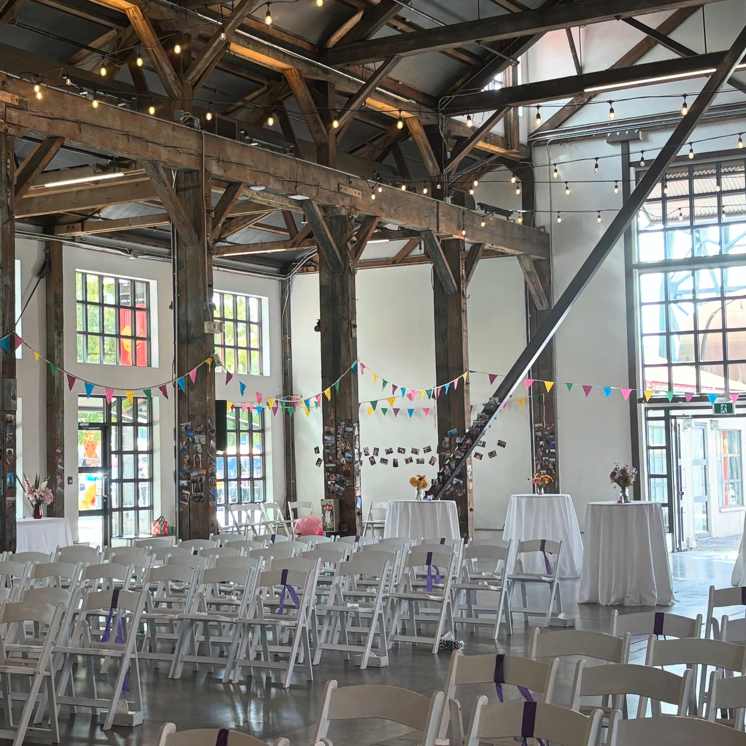 Industrial hall with string lights