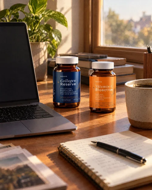 Axiomé bottles on a home office desk beside a laptop