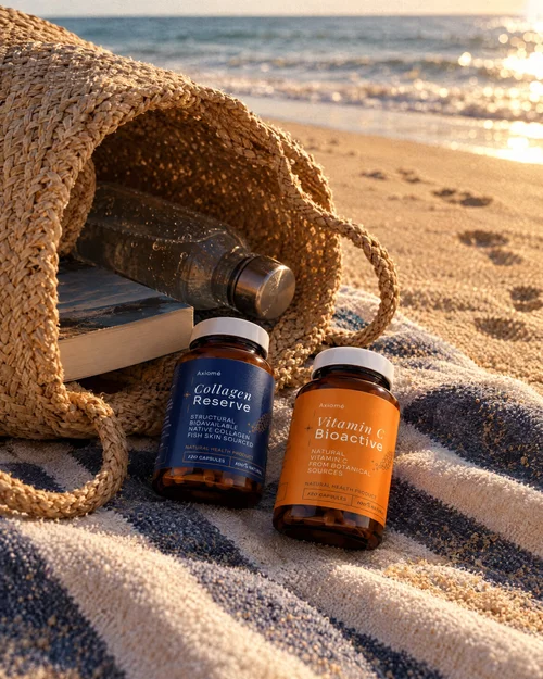 Axiomé bottles on a beach towel beside a straw bag