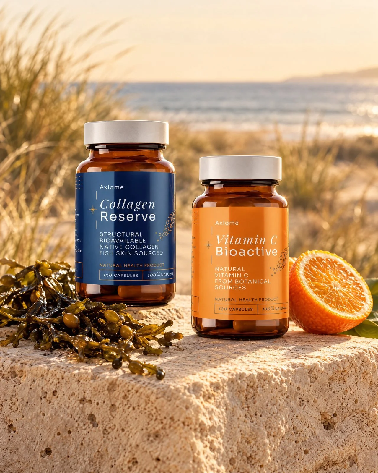 Axiomé Collagen Reserve and Vitamin C Bioactive on stone by the sea, with bladderwrack and bitter orange