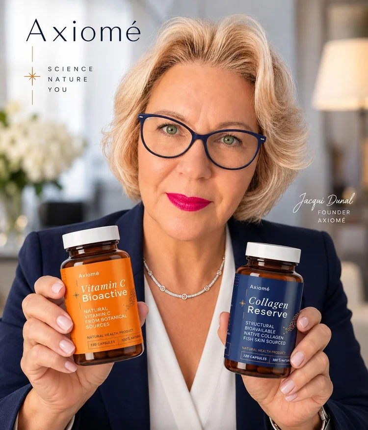 Jacqui Dunal, founder of Naturel Collagen Canada, holding Axiomé Vitamin C Bioactive and Collagen Reserve