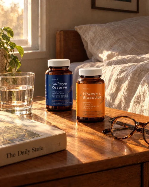 Axiomé bottles on a bedside table in morning sun