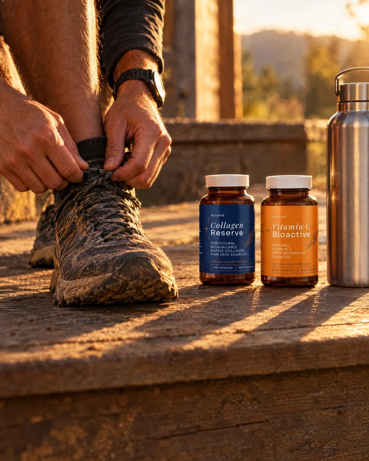 Runner lacing trail shoes beside Axiomé bottles