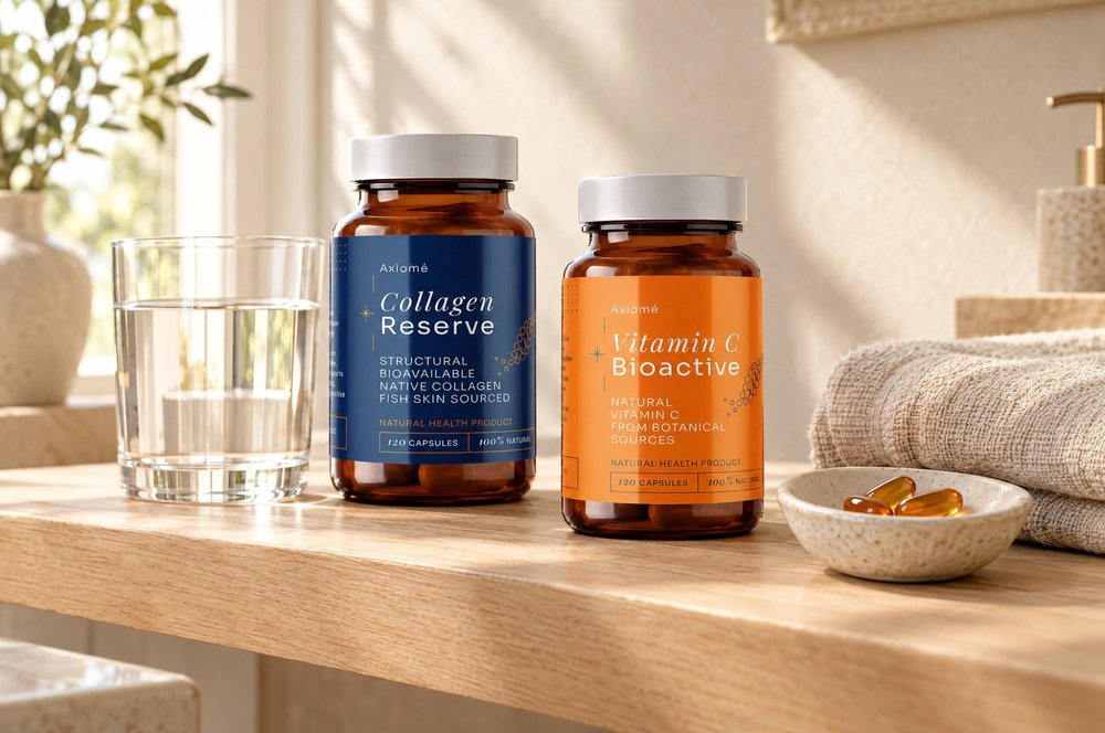 Axiomé Duo on a sunlit bathroom shelf with a glass of water