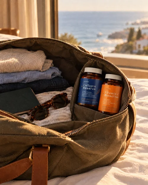 Axiomé bottles packed in a weekend bag