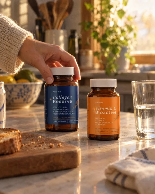 Hand reaching for Axiomé Collagen Reserve on a kitchen counter in morning light
