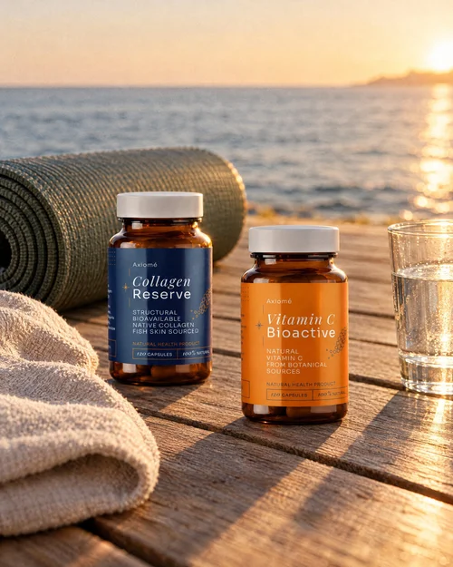 Axiomé bottles on a seaside deck beside a yoga mat at sunrise