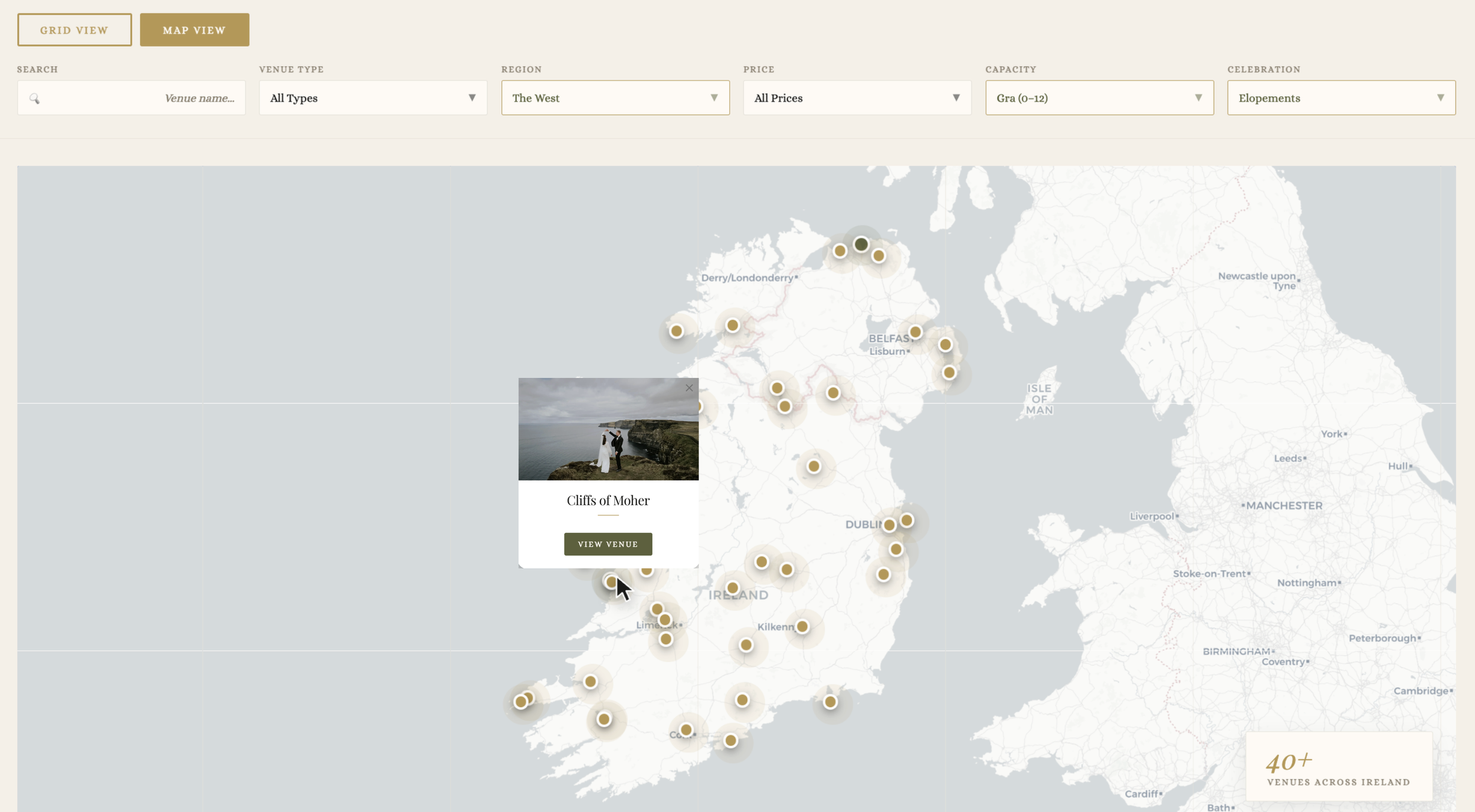 Interactive venues map mockup showcasing 40+ Irish wedding venues