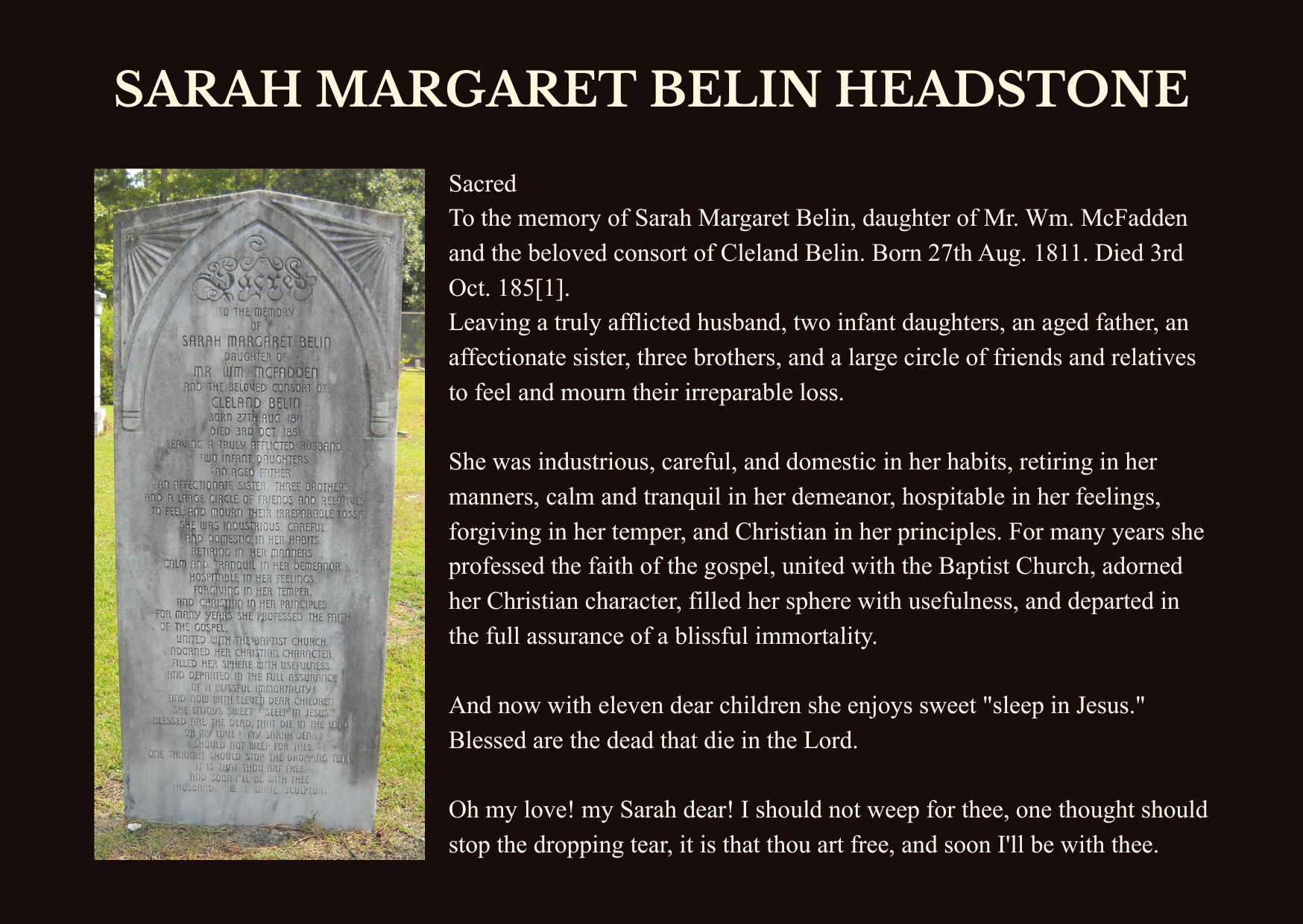Sarah Margaret Belin's headstone