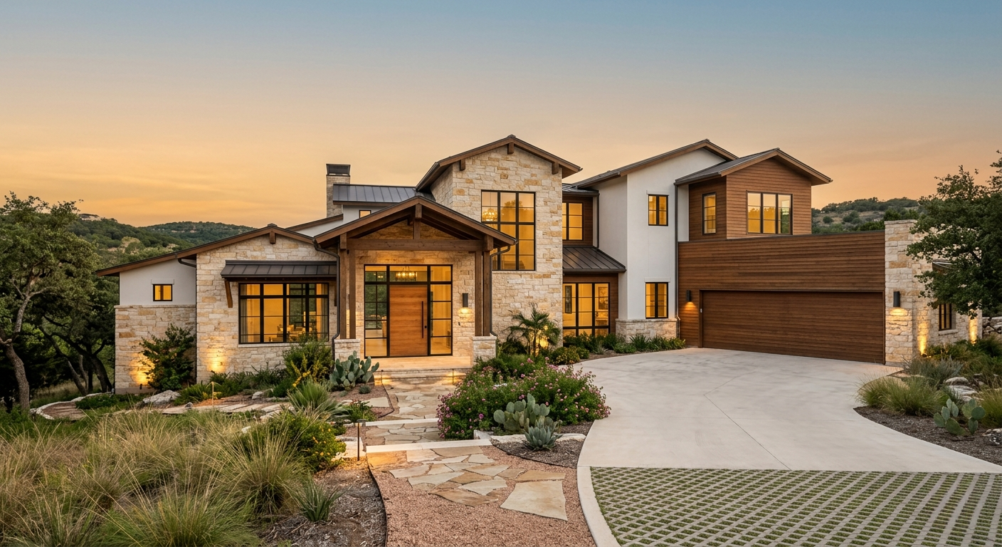 Custom home exterior in Austin and Texas Hill Country