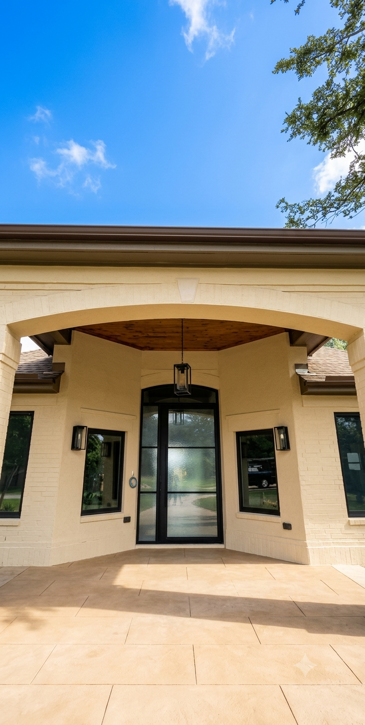 Lime-washed front entry with custom black iron pivot door, barrel-vault arch, and cypress wood ceiling after renovation