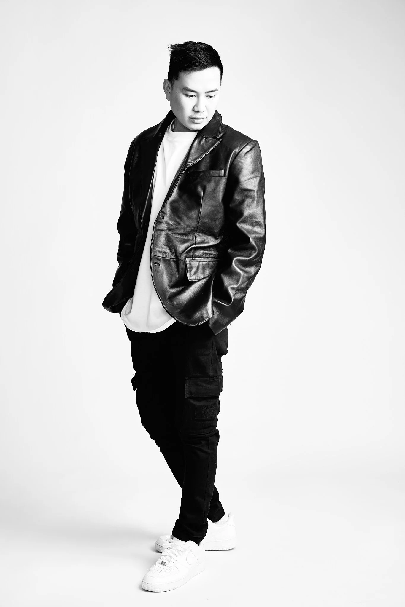 Far From Ordinary campaign leather blazer studio